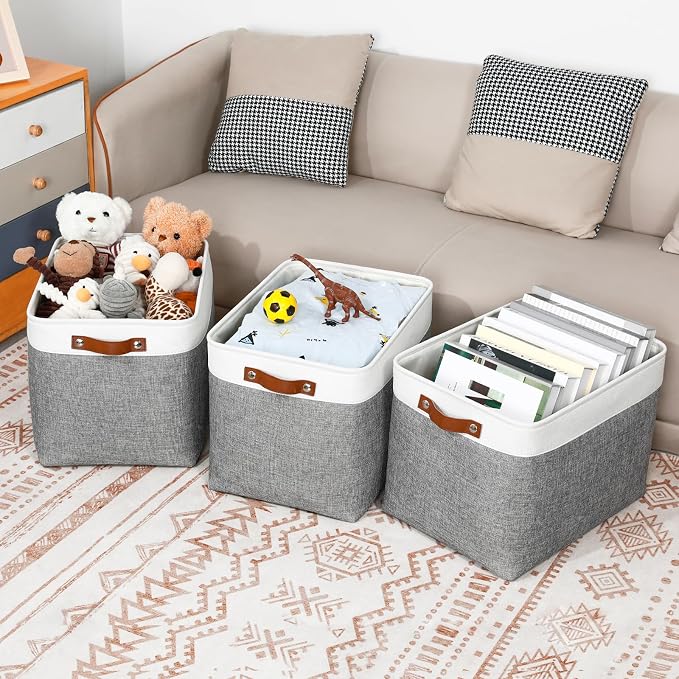DULLEMELO Large Storage Baskets, Fabric Storage Basket with Leather Handles for Shelves Closet Nursery Toy Storage, Collapsible Fabric Baskets for Toy Book Magazine Towel Organizers(White&Gray) - Image 5