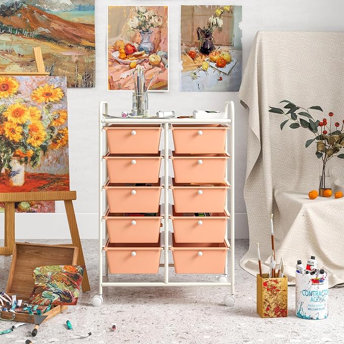 10 Drawer Rolling Cart, Storage Cart Organizer on Wheels, Drawer Cart with Metal Frame & Large Storage Capacity, Rolling Cart with Drawers for Living Room Classroom, Office - Image 2