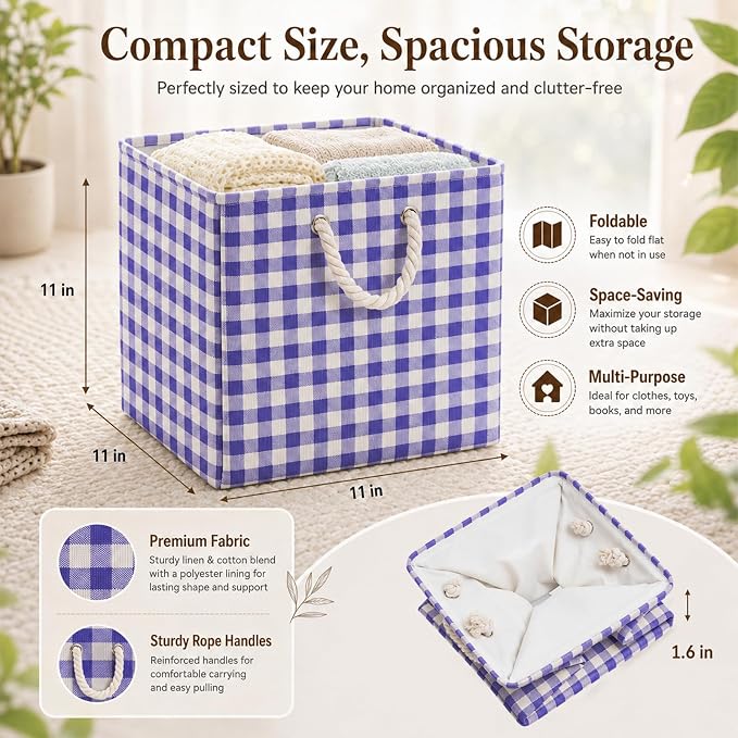6 Pack Gingham Storage Bins, 11 Inch Cube Fabric Storage Baskets | Foldable Fabric Cube Baskets with Reinforced Handle,Checkered Classroom Storage Bins, for Shelves, Closets, Room Organization - Image 2