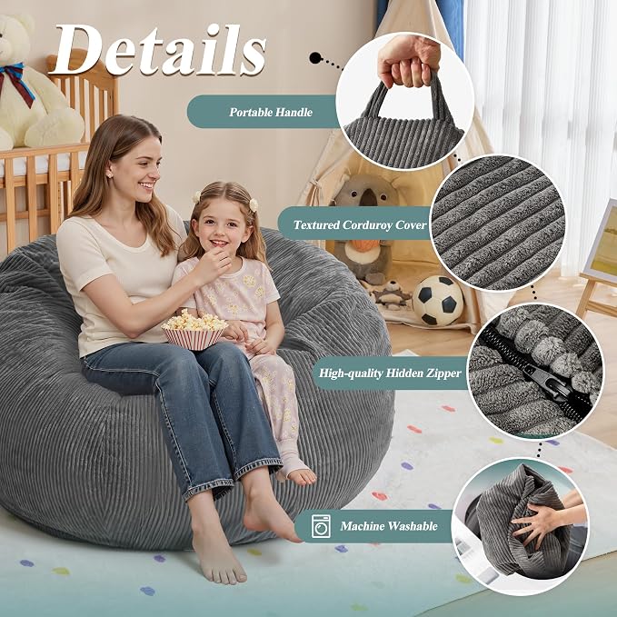 4FT Bean Bag Chair for Adults,Large Teardrop Beanbag with Filler | Beanbag Chair with Memory Foam Filled,Bean Bags with Handy Handle&Machine Washable Cover for Living Room,Bedroom-Grey - Image 5