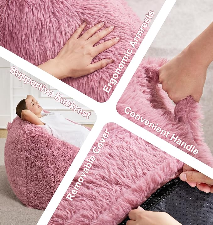 Hobestluk Bean Bag Chair Plush Accent Chair Armrest Living Room Adult Pink | Memory Foam Filled Oversized Large Cozy Comfy Plush Chair Lazy Sofa Living Room Bedroom Dorm Reading Gaming Washable cover - Image 6