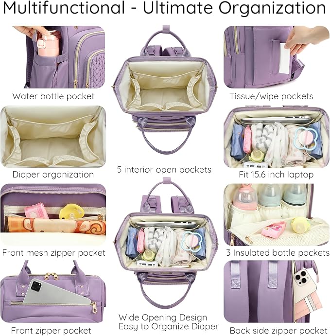 AIJIEKE Large Diaper Bag Backpack, Extra Wide Travel Diaper Bag, Purple | ulti-functional waterproof maternity bag. Changing pad, stroller straps, insulated wet/dry pocket. Mom, dad, toddler travel - Image 2