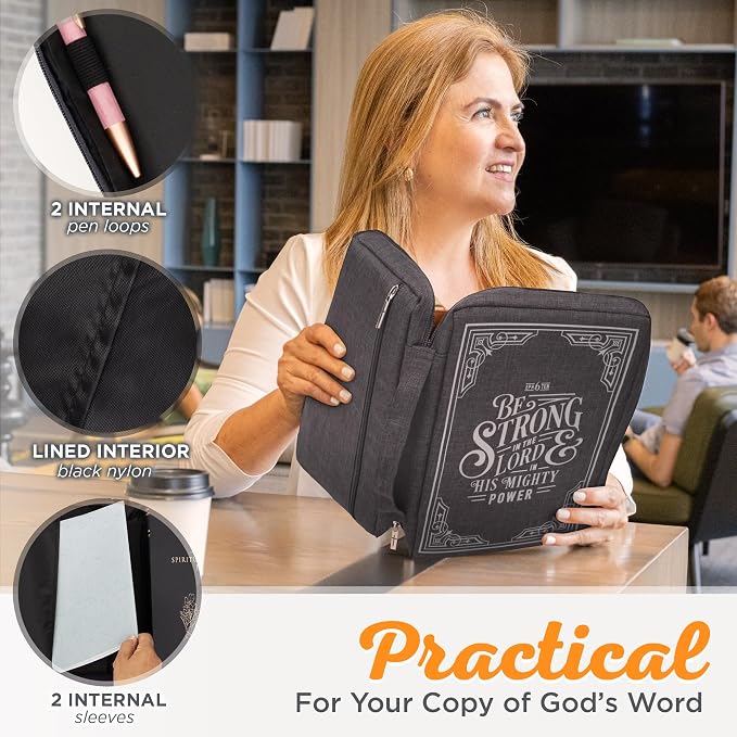 Christian Art Gifts Men/Women's Bible Cover Strong in The Lord Ephesians 6:10, Gray Canvas, Medium - Image 4