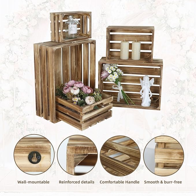 5-Piece Rustic Burnt Brown Wooden Crates Set, Wall Mountable Slatted Storage Crates with Handles, Farmhouse Wooden Crates for Display & Organizer for Home Decor - Image 2