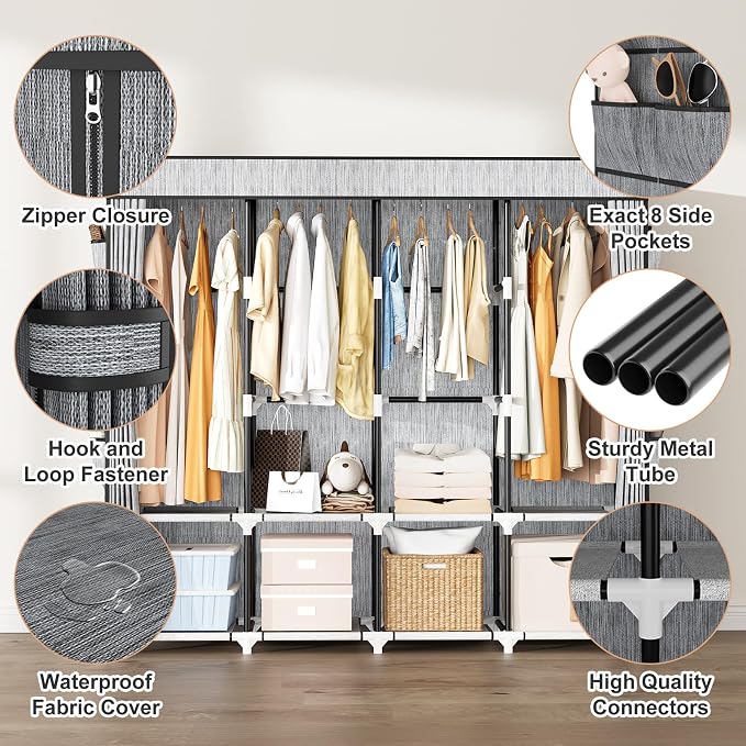 Portable Closet for Hanging Clothes, 67 Inch Wide Portable Wardrobe Closet with Cover, 4 Hanging Rod, Storage Shelves and Side Pockets, Large Free Standing Closet for Bedroom, Printing - Image 4