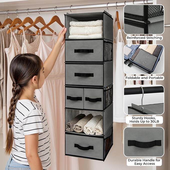 GRANNY SAYS Hanging Closet Organizer, 5 Drawers, 6 Shelves, 6 Pockets, Gray | Hanging Closet Organizer with 5 Different Drawer Designs, 6 Shelves & Reinforced Structure for Organized Small Spaces - Image 4