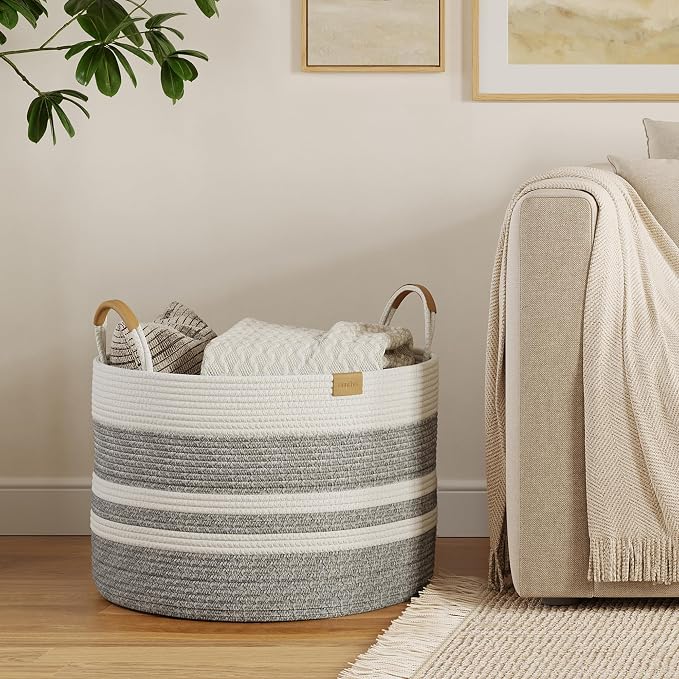 Nunsino 72L Woven Blanket Basket with Leather Handles, Cotton Rope Laundry Basket Hamper,Decorative Nursery Basket Toy Storage Basket for Kids, Living Room, Bedroom,Gray White Stripes - Image 2
