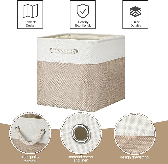 meekoo 8 Pack Collapsible Storage Bins Fabric Storage Bins Polyester Fabric Baskets with Handles Linen Closet Organizer for Shelf Home Closet Towels Toys(11 x 11 x 11 in,Beige) - Image 3