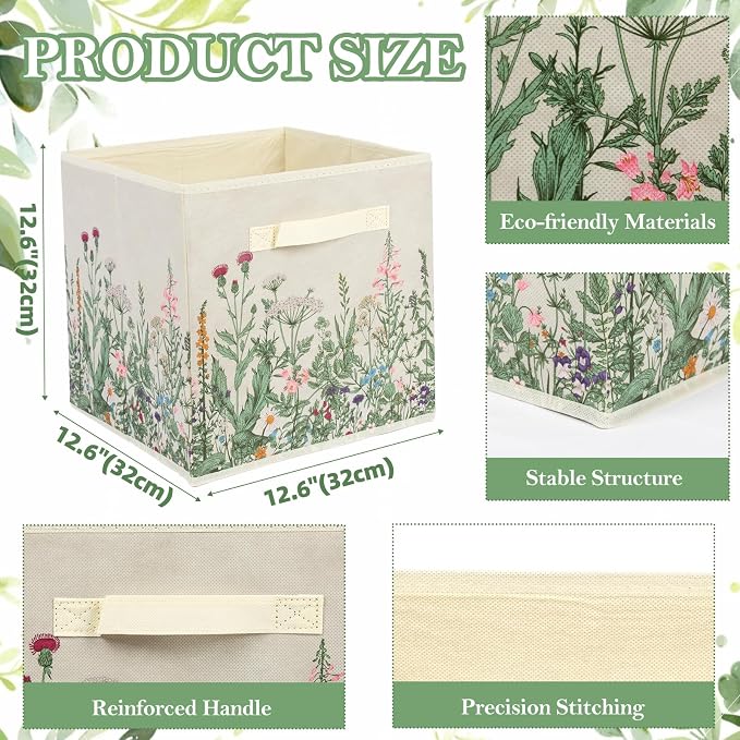 6 Pcs Wild Floral Cube Storage Bins 12.5 Inch Flower Storage Basket with Handle, Beige Collapsible Fabric Box for Classroom Bedrooms Office Home Decoration - Image 3