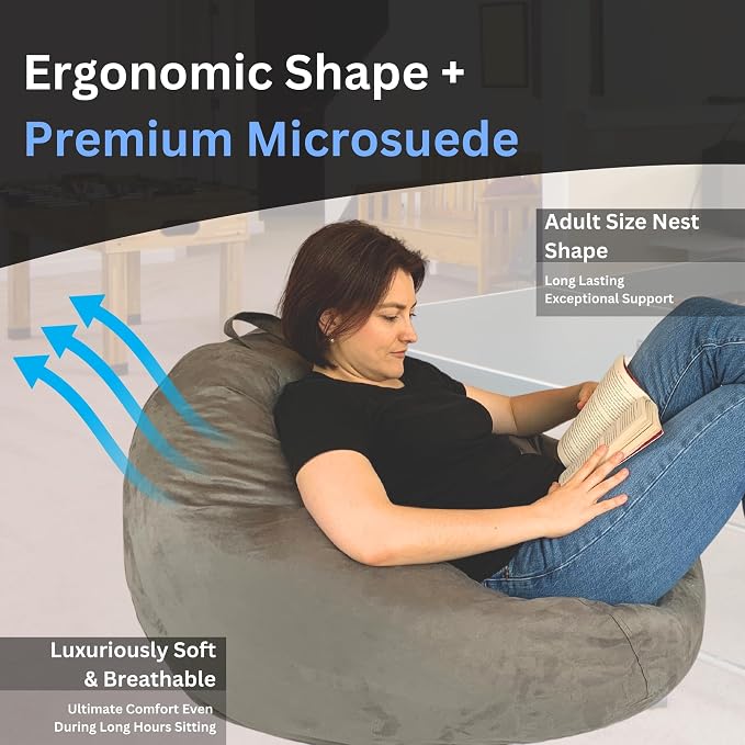 Bean Bag Stuffed Animal Storage Chair Cover (No Filler) for Kids and Adults. Extra Large Bird's Nest Beanbag Memory Foam Soft Premium (Grey, 3 ft (Cover Only)) - Image 3