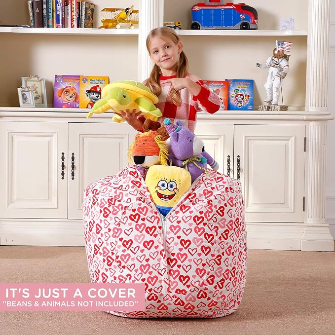 Aubliss Stuffed Animal Bean Bag Storage Chair, Beanbag Covers Only | for Organizing Plush Toys, Turns into Bean Bag Seat for Kids When Filled, Medium 32"-Canvas Pattern Heart - Image 2