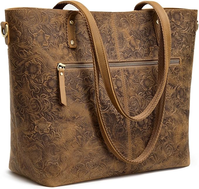 S-ZONE Leather Tote Bag for Women Large Work Totes Designer Handbags | Vintage Grain Crazy Horse Leather, Adjustable Strap, Fits 14" Laptop, Multi Pockets, Rose Embossed Tote, Travel Daily by S-ZONE