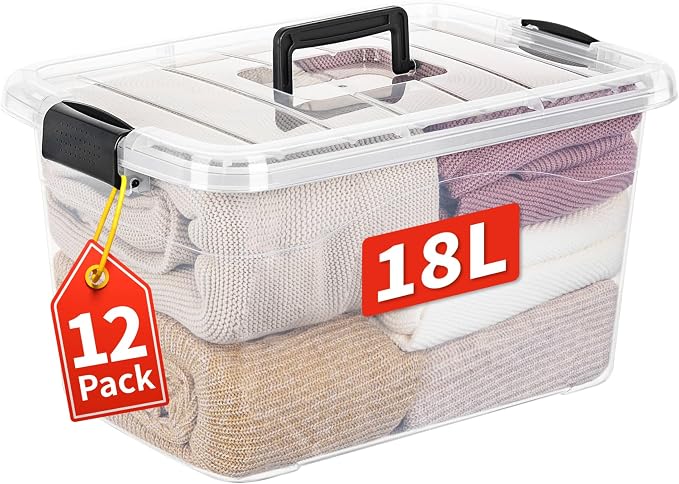 Cetomo 18Lx12 Pack Storage Boxes, Storage Box with Lids and Handle for Home Dorm Office Organization, Stackable Nesting Tote Container, Plastic, Clear, 18L-12 Pack by Cetomo