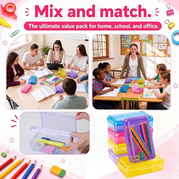 12 Pack Double Layer Large Pencil Box, Clear Plastic Hard Pencil Case with Snap Lid, School Supply Organizer Box for School Office Classroom Home Supplies(Classic Colors) - Image 5