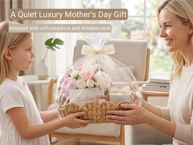 Coeusy Gift Basket, Cute Wicker Basket for Gifts, Scalloped Woven Water Hyacinth Storage Basket with Wooden Handles for Snack, Display, Shelves, 2 Pack - Image 3
