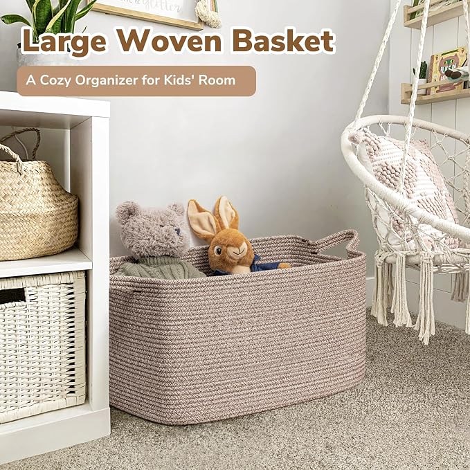 Goodpick Large Woven Rope Blanket Basket, Rectangle, Brown, 75L | 21.6'' x 14.9'' x 11.8'' Storage Basket for Blankets, Toys & Clothes, Living Room & Nursery Organization, Reinforced Handles - Image 2