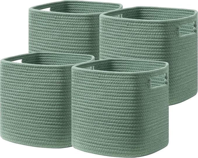 Dreamcountry 13x13 Cube Storage Bins, Storage Cubes with Handles, 4 Pack Cotton Rope Basket for Shelves, Cube Storage Organizer forToys, Book, Clothes, Home, Office, Nursery, Green by Dreamcountry
