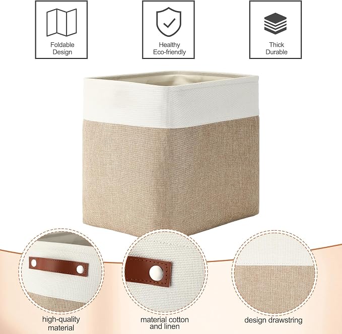 Uiifan 10 Pcs Collapsible Storage Bins Fabric Foldable Storage Basket with Handles Cloth Organizer Linen Shelf Baskets for Shelves Home Closet Nursery Toys(17 x 15 x 12 Inch,Beige and White) - Image 6
