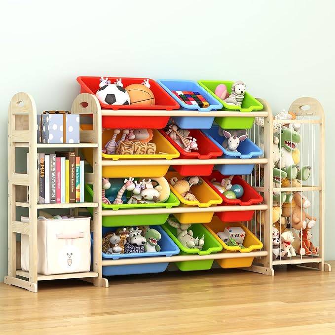 Kids Toy Storage Organizer, Toy Organizers and Storage with Stuffed Animal Storage, Toy Storage Shelf with 3 Shelves, 12 Storage Bins, Kids Bookshelf, Toy Holder for Playrooms, Bedrooms, Multi Color - Image 4