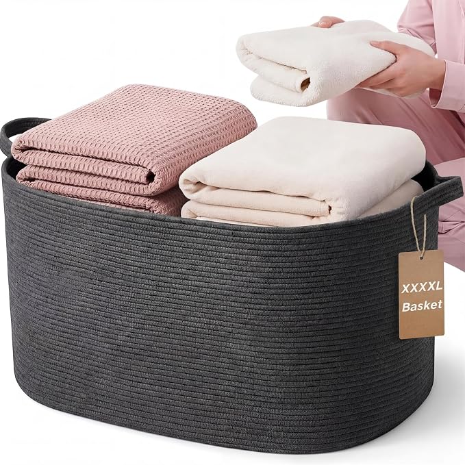 XXXXL 125L Extra Large Woven Blanket Basket, 25" x 18" x 17" Jumbo Cotton Rope Storage Basket with Handles Toy Storage Bins for Laundry Hamper Nursery Organizer Living Room Home(Dark Gray) by Unknown