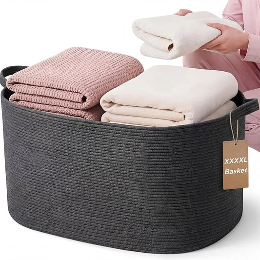 XXXXL 125L Extra Large Woven Blanket Basket, 25" x 18" x 17" Jumbo Cotton Rope Storage Basket with Handles Toy Storage Bins for Laundry Hamper Nursery Organizer Living Room Home(Dark Gray) by Unknown