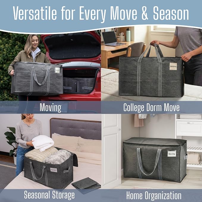 VENO 6 Pack Heavy Duty Moving Bags, Extra Large Storage Bags with Reinforced Handles & Strong Zippers, Foldable & Reusable Moving Box Alternative for Clothes & Dorm Storage - Image 6