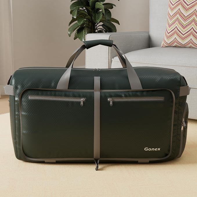 Gonex 150L Foldable Travel Duffle Bag with Shoe Compartment, Lightweight | 210D Nylon, Water-Repellent, Folds Compact, Multiple Pockets, Luggage Sleeve, Family Travel & Camping, Blackish Green - Image 2