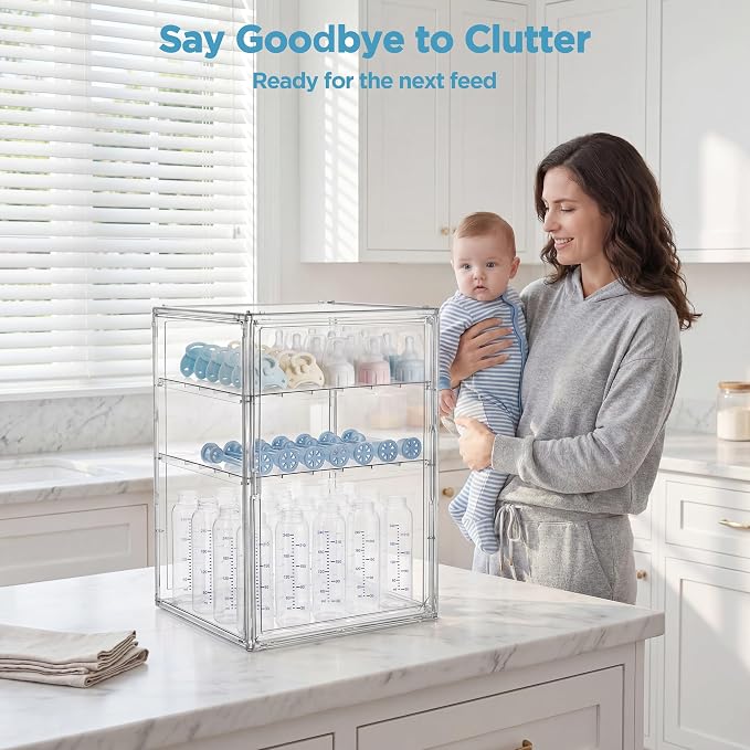 HBlife Baby Bottle Storage Organizer for Countertop Cabinet, 3 Tiers Adjustable Clear Acrylic Bottles Storage Station Case Box Container with 2 Removable Dividers and Magnetic Door, XXL - Image 6