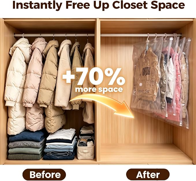 5 Pack Hanging Vacuum Storage Bags for Clothes Space Saver Compression Bags | Clear Reusable Vacuum Sealer Bags with Hanger Hook, For Coats Jackets Suits, Closet Organizer, Work with Any Vacuum Cleaner - Image 2