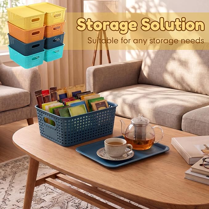 12 Pack Plastic Storage Baskets with Lids Stackable Organizing Bins Storage Baskets Organizers and Containers for Closet, Pantry, Office, 10.2 x 7.2 x 4.1 Inches(Boho Color) - Image 6