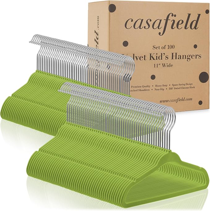 Casafield 100 Velvet Baby Hangers - 11" Size for Infant & Toddler Clothes - Lime Green - Image 4