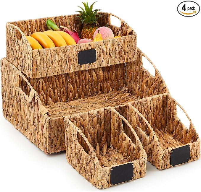 4 Pcs Water Hyacinth Storage Basket Set Boho Wicker Rattan Pantry Basket with Chalkboard Label Handles Woven Container Kitchen Laundry Large Small for Shelves Food Home Bathroom Decor by Wonderjune