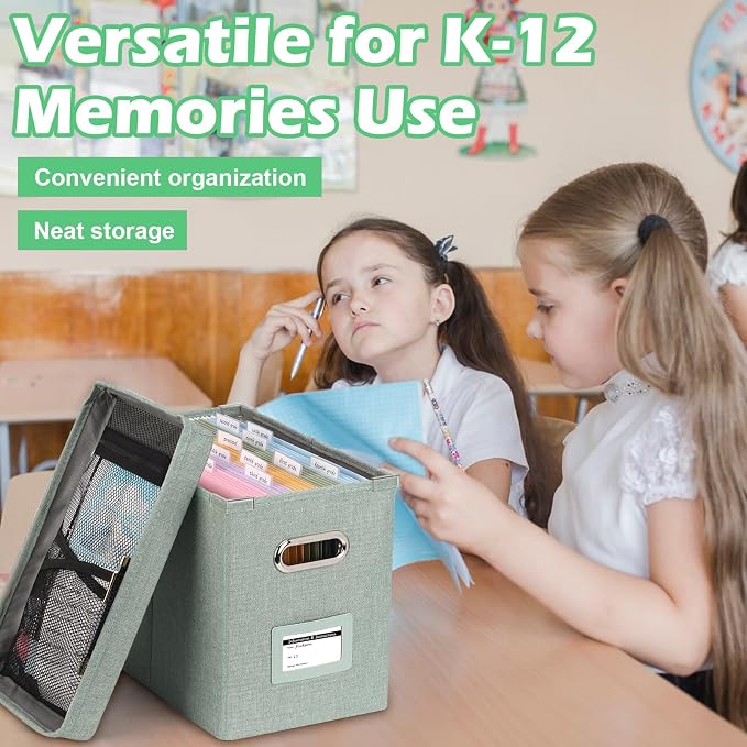 DOSTATNI School Years Organizer Kit K-12 School Years Memory Keeper with 15 Hanging File Folders Plastic 4 different Labels Memory Keepsake Box for kids Storage Pictures File Keeper (Green) - Image 6