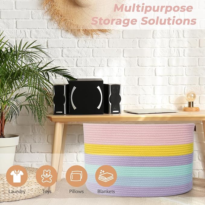 Large Laundry Basket, 108L Rectangle Woven Baskets for Storage for Living Room, Laundry, Nursery, Pillows, Baby Toy chest, Blanket Storage with Leather Handle, 25’’*16’’*16’’ Rainbow - Image 5