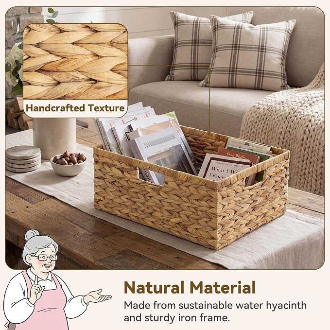 GRANNY SAYS Large Wicker Basket, Wicker Storage Baskets for Shelves, 1-Pack | Water Hyacinth Extra Large Wicker Baskets for Storage, Woven Baskets for Storage, Rectangular Shelf Basket with Handles - Image 3