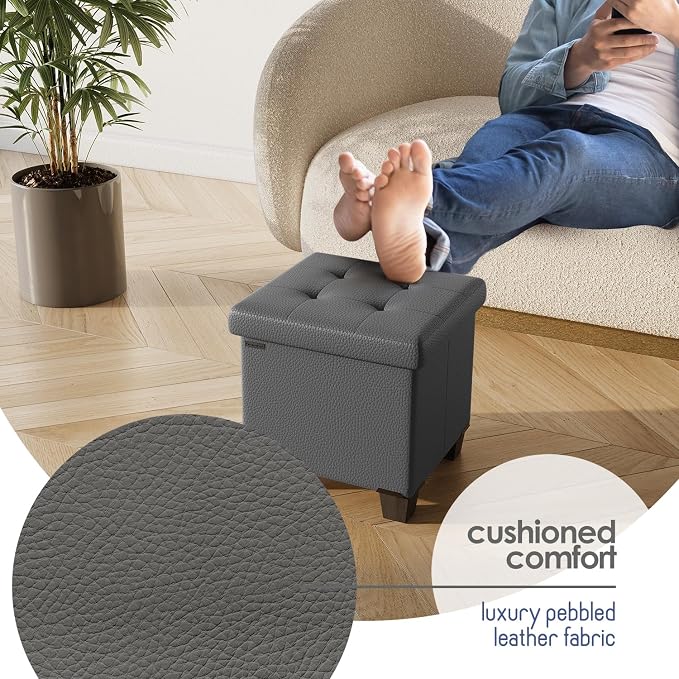 Storage Ottoman Cube with Small Bin, 15-in Square Ottoman with Storage for Living Room and Bedroom, Small Ottomans Foot Rest, Faux Leather Foot Stools Ottomans Max 330lbs, Grey - Image 8
