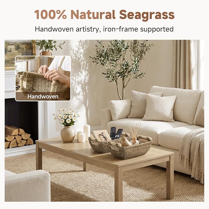 StorageWorks Small Baskets for Shelf, Seagrass Woven Basket for Gifts | Wicker Storage Baskets for Shelves, Baskets with Wooden Handles, 2-Pack Gifts Basket for Home Decor, Hand-Woven Basket - Image 5
