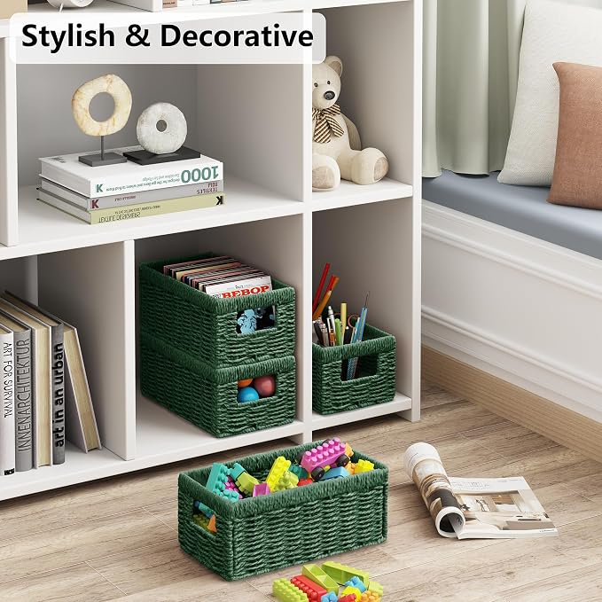Wicker Storage Basket, Set of 2 Hand Woven Wicker Baskets for Organizing with Handles, Decorative Small Storage Bins for Countertop Toilet Paper Basket for Toilet Tank Top, Shelves, Green - Image 8