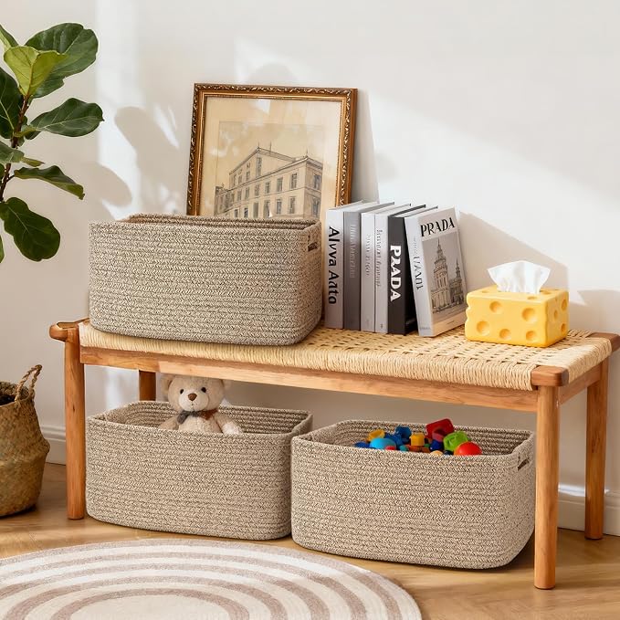 3 Pack Large Storage Basket for Organizing, 17.5"x13"x7" Woven Basket for Shelves, Closet Cube Storage Bins with Wrapped Handle, Cotton Rope Baskets for Kitchen, Clothes, Toys(Natural)) - Image 7