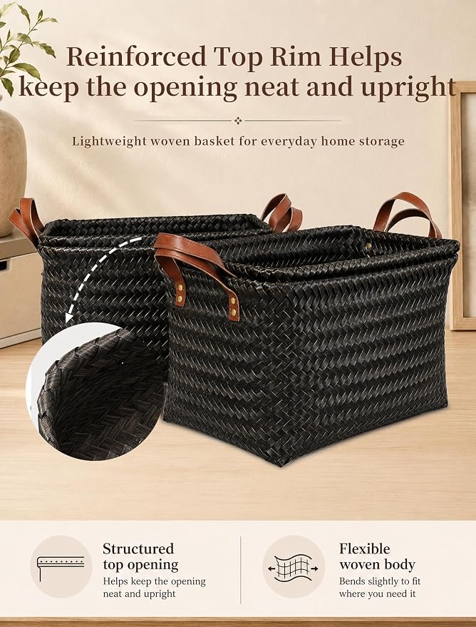Wicker Storage Baskets, 4 Pack Woven Baskets for Shelves, Dark Gold | PP Rattan, Water-resistant Wicker Basket, Large Baskets with Faux Leather Handles for Blanket, Laundry Organizer, Room Decor - Image 5