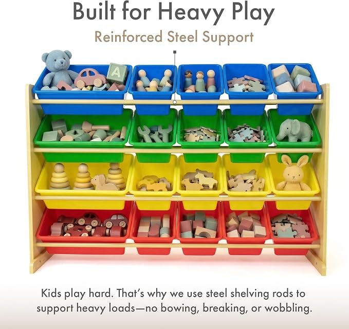 Humble Crew Kids Toy Organizer with 20 Bins, 4 Tier Storage for Playroom | Sturdy wood and steel toddler shelf, removable BPA-free containers, wall anchor anti-tip safety kit for bedroom or classroom - Image 4