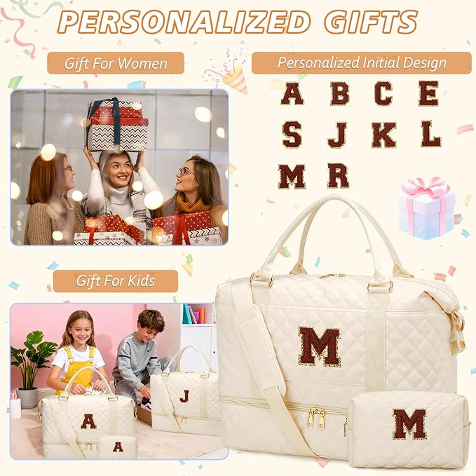 Monogram Overnight Bag Weekender Duffle Bags(Beige,M) | Gifts for Women-Overnight Bags with Toiletry Bag-Weekender Bags with Shoe Compartment for Travel - Image 3
