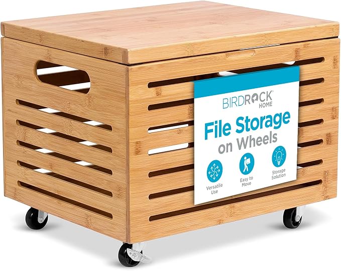 BIRDROCK HOME Rolling File Storage Organizer Box with Lid - Bamboo Decorative Wood Hanging File Box for Letter/Legal Documents, Binders, Blankets - Durable Office Organizer - Natural by BIRDROCKHOME