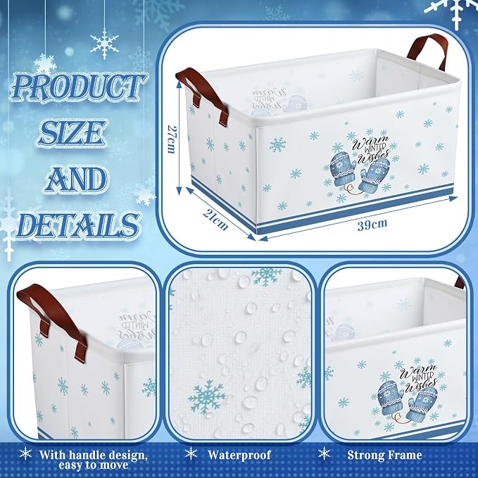 CHENGU 6 Pack Winter Storage Basket Collapsible Snowflakes Basket for Gifts Gnomes Holiday Decor Large Snowman Bin Foldable Blue Hello Winter Box with Handle for Bedroom Office Home - Image 3