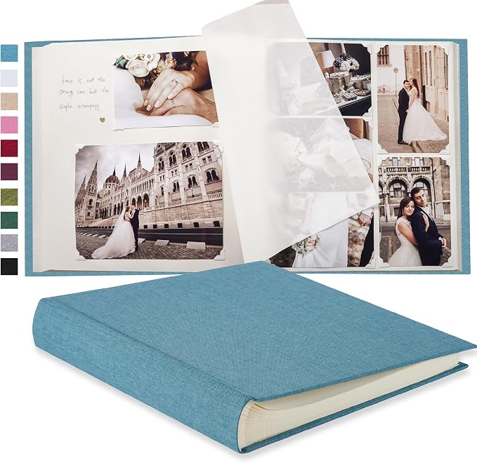 Pssoss Large Linen DIY Scrapbook Album with Writing Space,100 Pages, Blue | Fits 3x5, 4x6, 5x7, 6x8, and 8x10 photos for baby, wedding, family, children, anniversary, and memory keeping. by Pssoss