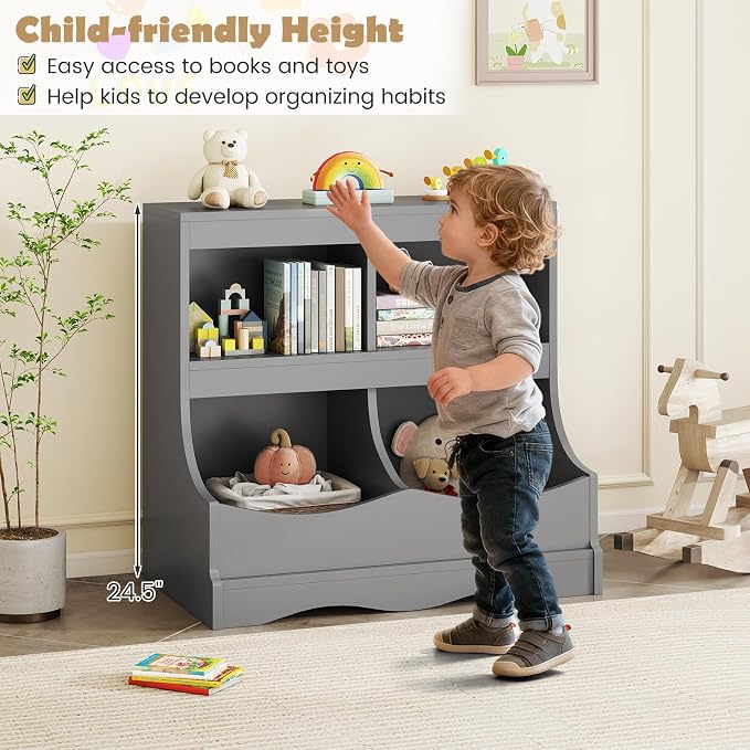 HONEY JOY Kids Toy Storage Organizer, 4-Cubby Wooden Bookcase Cabinet, 2-Tier Open Daycare Shelf for Preschool, Kids Display Bookshelf for Bedroom, Playroom, Classroom & Nursery (Gray) - Image 8