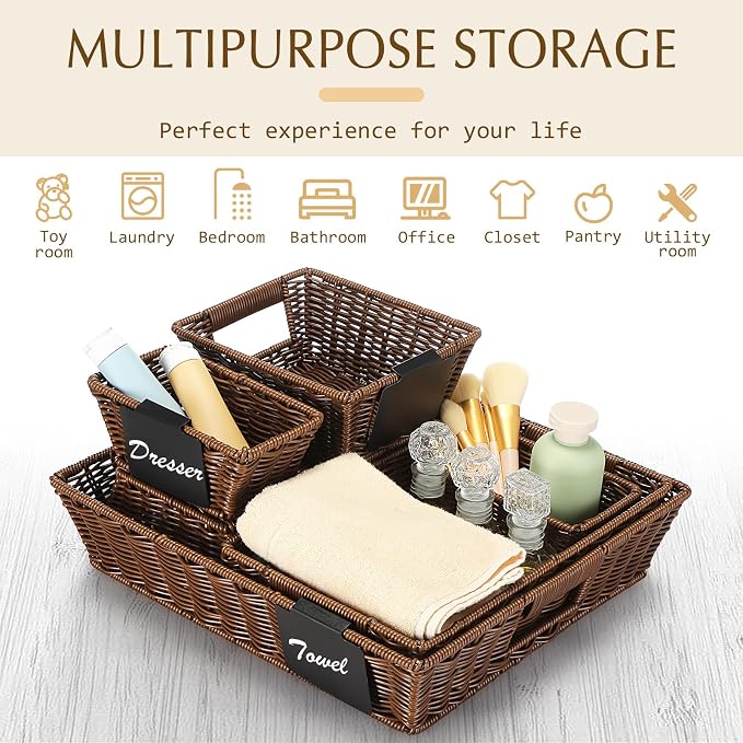 Marsui 9 Pcs Wicker Storage Baskets for Pantry Organization with Handle Labels Handwoven Multi-size Dark Brown Small Organizer Baskets Storage Bin Container for Shelves Closet Toilet Christmas Holiday - Image 4