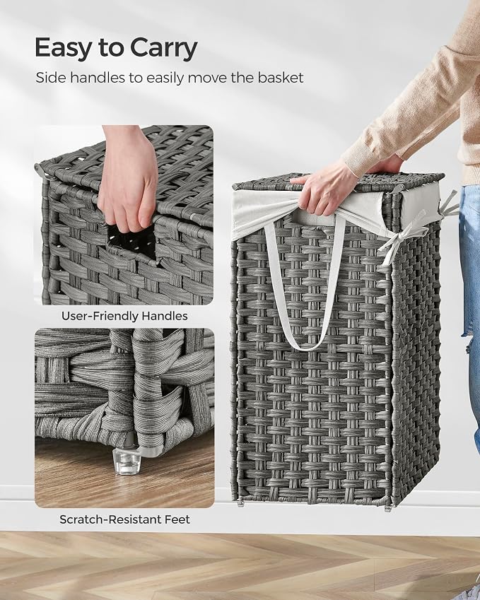 SONGMICS Laundry Hamper with Lid, 23.8 Gallon (90 L) Synthetic Rattan Clothes Laundry Basket with Lid and Handles, Foldable, Removable Liner, Dove Gray ULCB51WG - Image 5