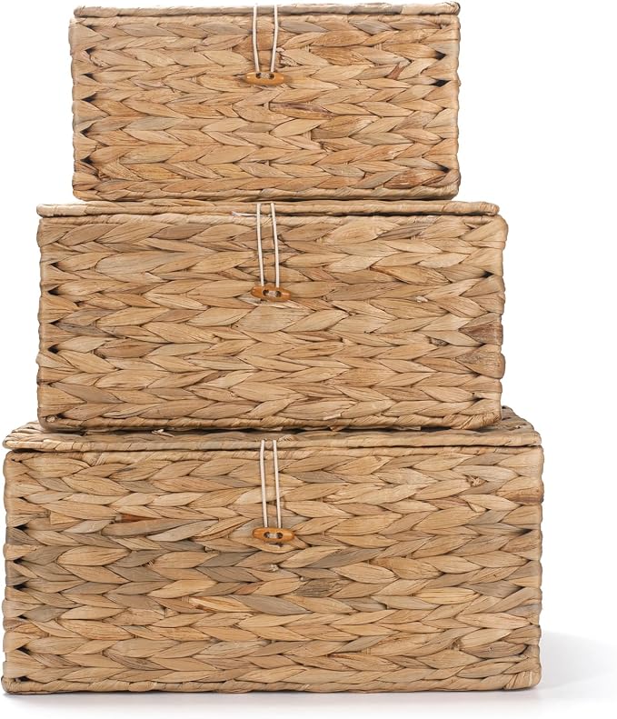 XIMISISE 3 Pack Wicker Storage Basket with Lid, Water Hyacinth Basket | Woven Basket for Shlef, Decorative Storage Boxes for Organizing - Image 7