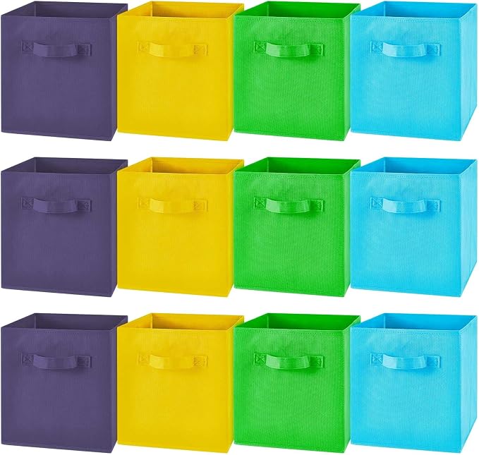 Yinder 12 Pcs Cube Storage Bin 10.5''x10.5''x11'' Storage Bins for Playroom Decor Colorful Bins for Kids Foldable Baskets for Nursery Organizer Boxes Fabric Boxes (Sky Blue, Green, Yellow, Dark Blue) by Yinder